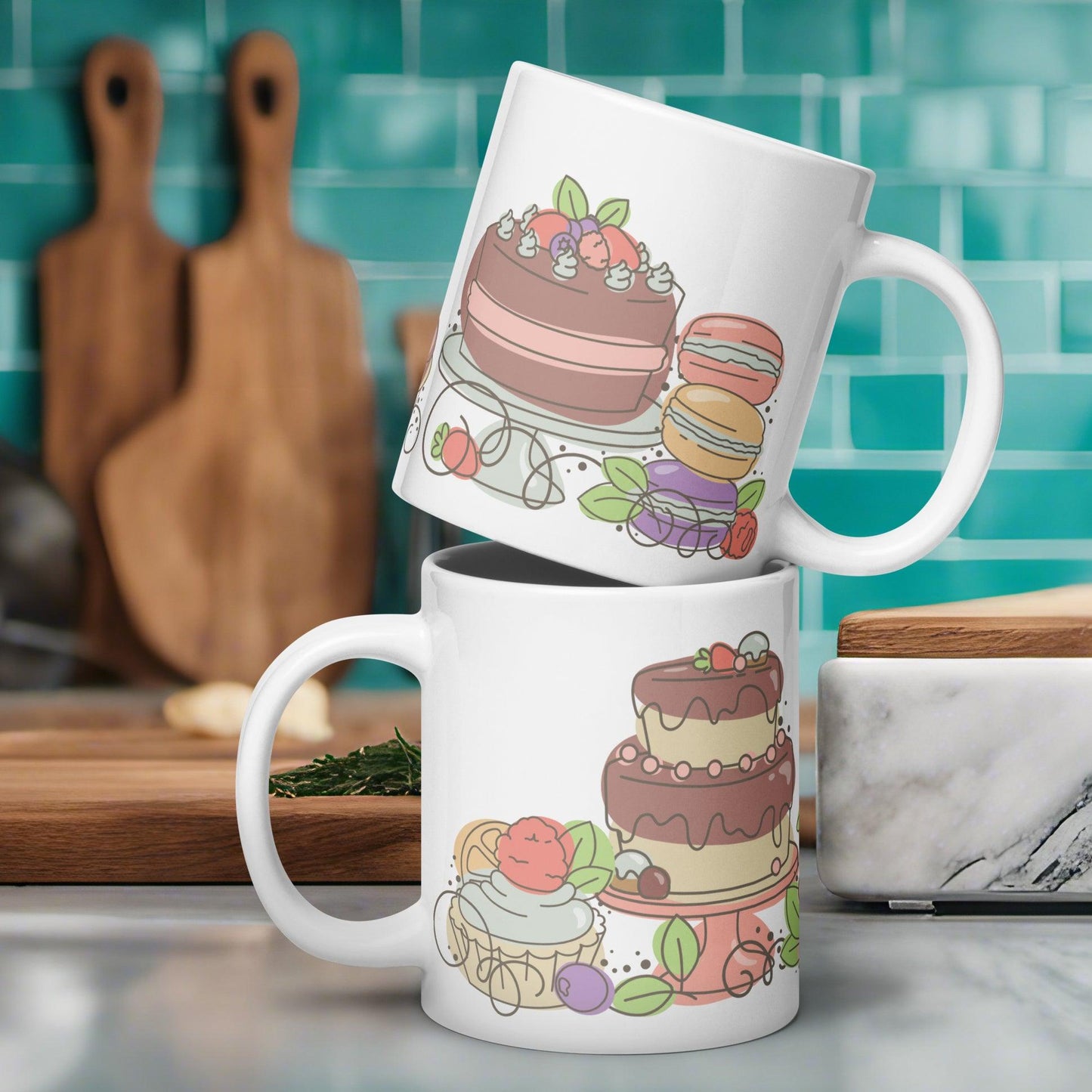 Whimsical Cake and Cookie Inspired White Glossy Mug - Dorky Doodles