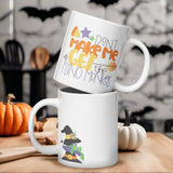 Witchy Humor: White Glossy Halloween Mug with Flying Monkeys Warning - Dorky Doodles