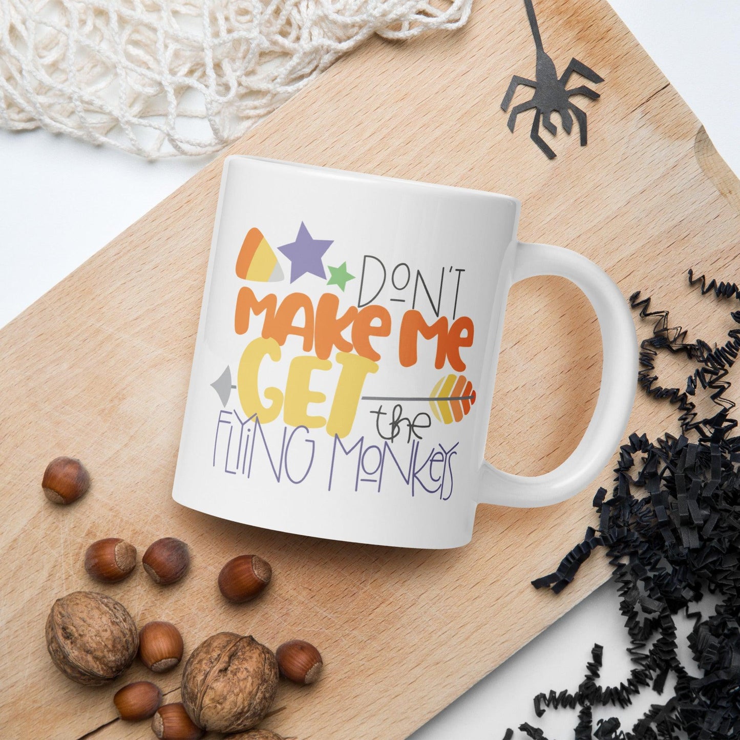 Witchy Humor: White Glossy Halloween Mug with Flying Monkeys Warning - Dorky Doodles