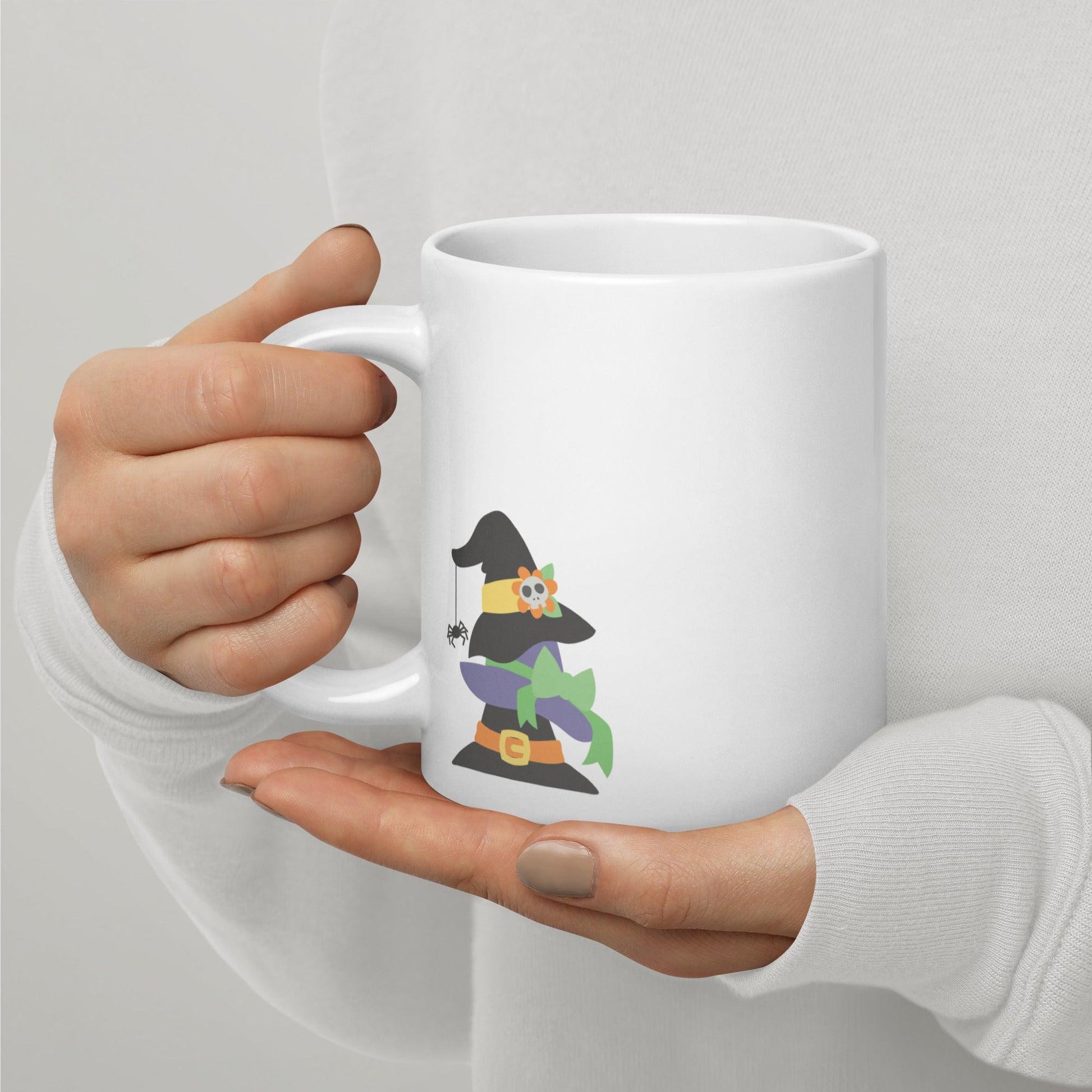 Witchy Humor: White Glossy Halloween Mug with Flying Monkeys Warning - Dorky Doodles