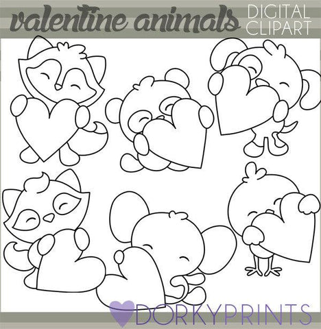Animals Holding Hearts Black Line Valentine Clipart
