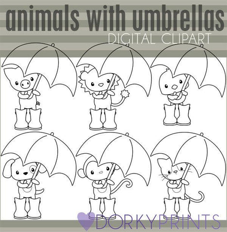 Animals with Umbrellas Black Line Spring Clipart