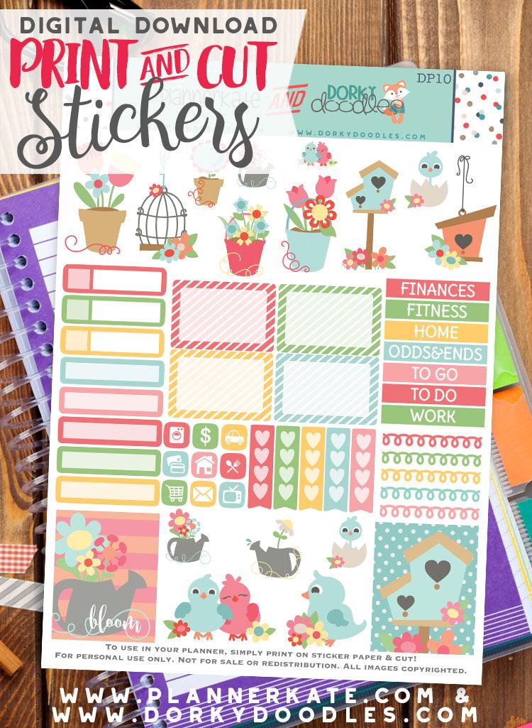 Birdhouses and Flower Print and Cut Planner Stickers