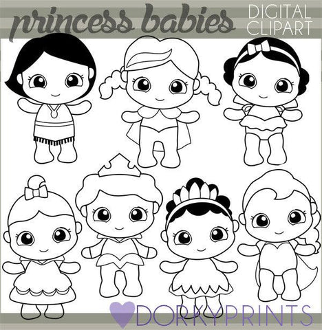 Black Line Baby Princess Character Clipart