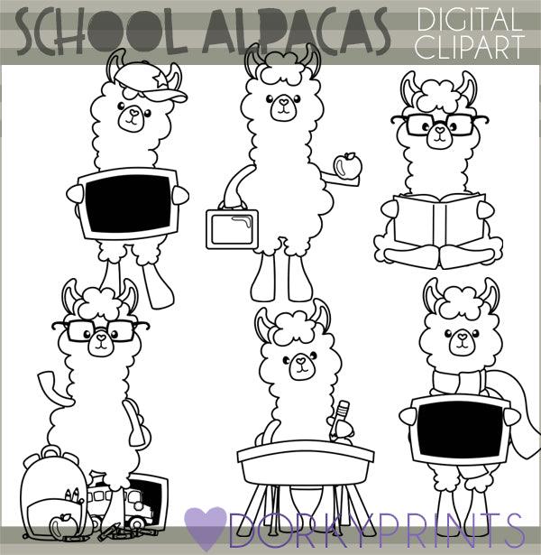 Blackline Alpaca Back to School Clipart