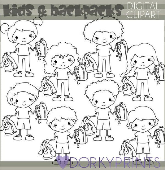 Blackline Backpack Kids School Clipart