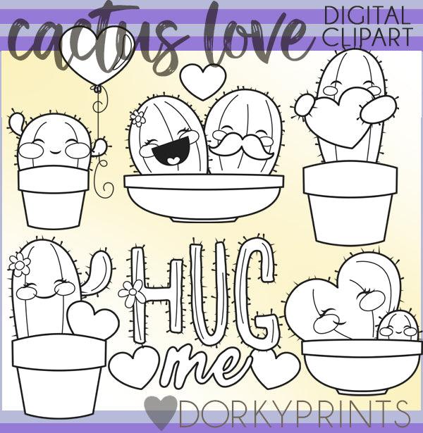 Blackline Cacti Valentine Clipart