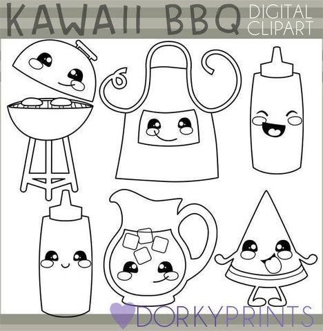Blackline Kawaii BBQ Food Clipart