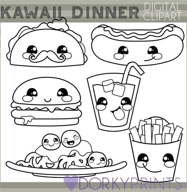 Blackline Kawaii Dinner Food Clipart