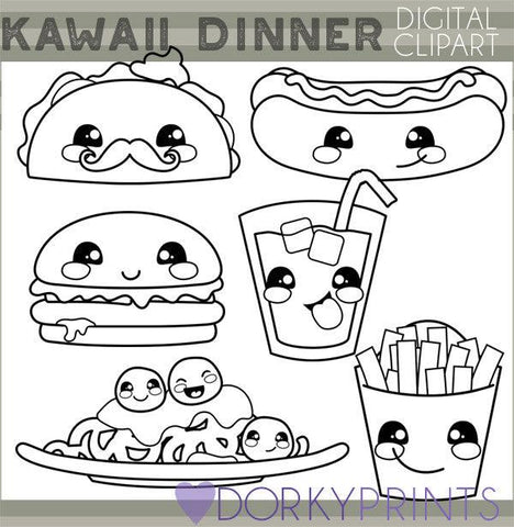 Blackline Kawaii Dinner Food Clipart