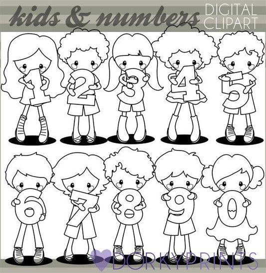 Blackline Number Kids School Clipart