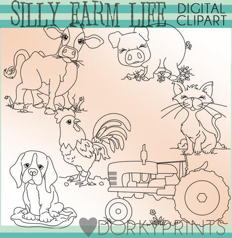 Blackline Silly Farm Animals Clipart