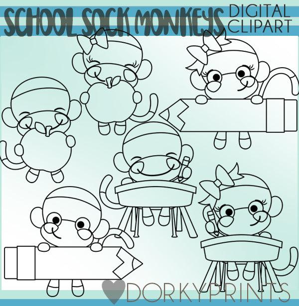 Blackline Sock Monkey School Clipart