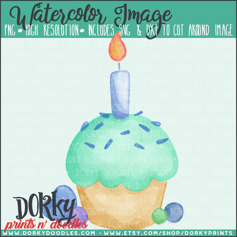 Blue Birthday Cupcake Watercolor PNG