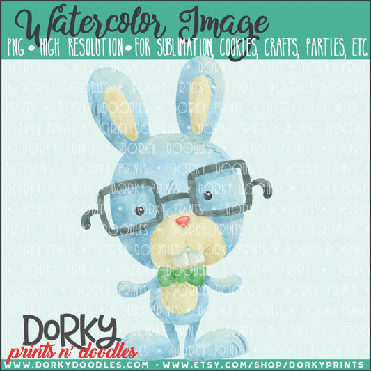 Blue Bunny Nerd Watercolor PNG