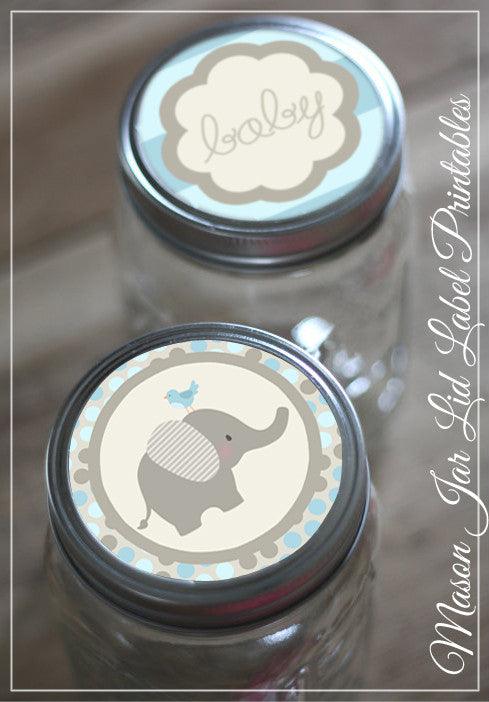 Blue Elephant Mason Jar Lid Labels Baby Shower Printables