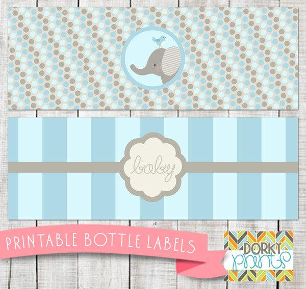 Blue Elephant Water Bottle Labels Baby Shower Printables