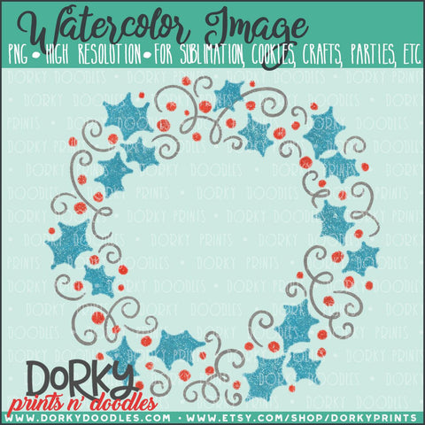 Blue Swirls Holly Wreath Watercolor PNG