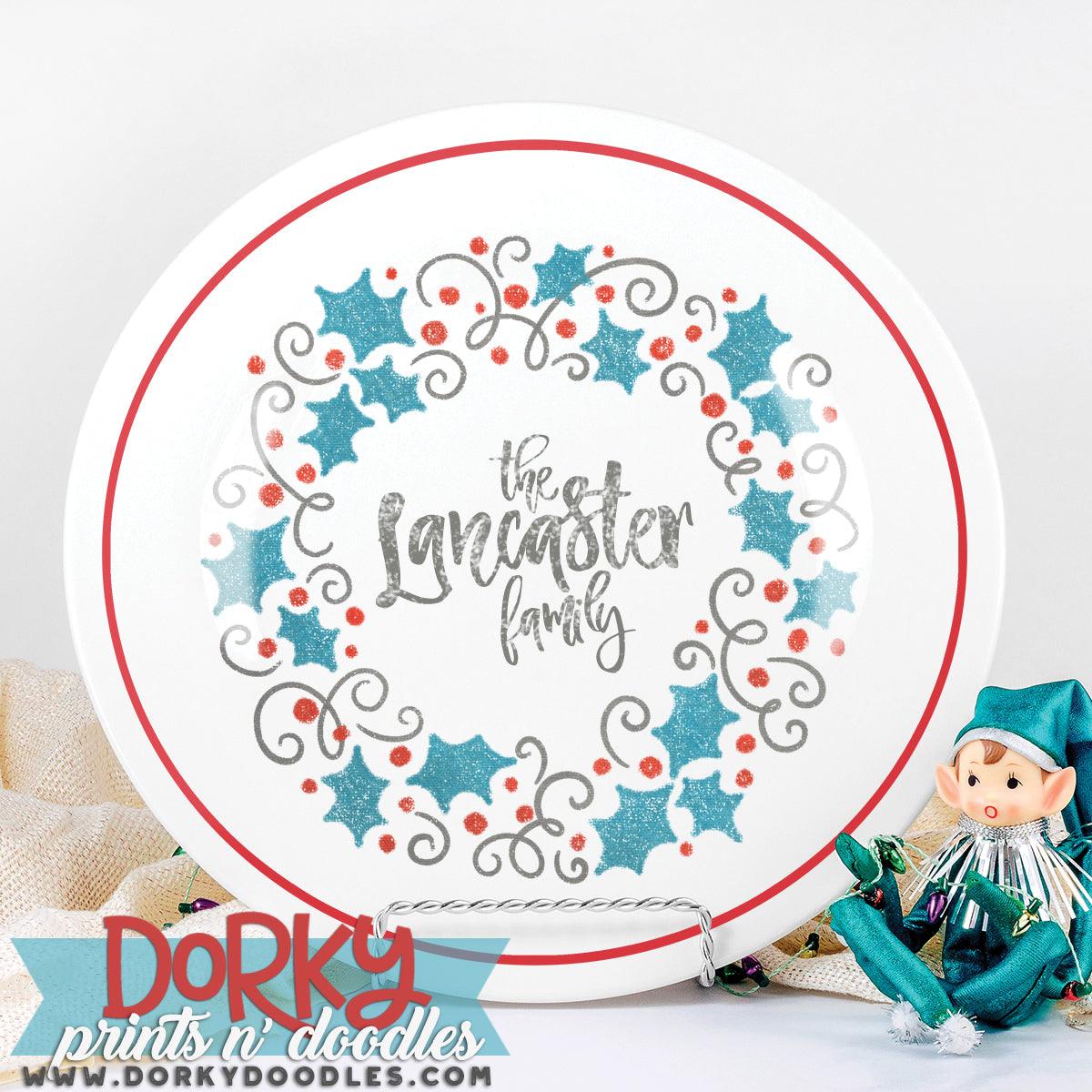 Blue Swirls Holly Wreath Watercolor PNG