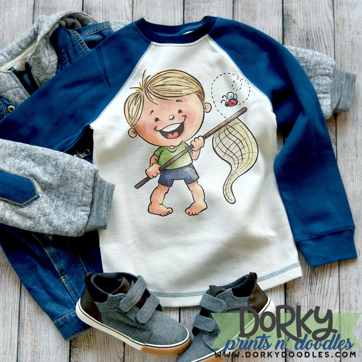 Boy Catching Bugs Watercolor PNG