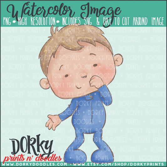 Boy in Blue PJs Watercolor PNG