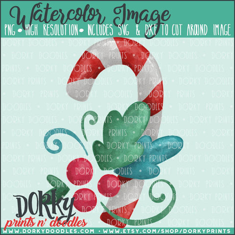 Candy Cane with Holly and Swirls Watercolor PNG