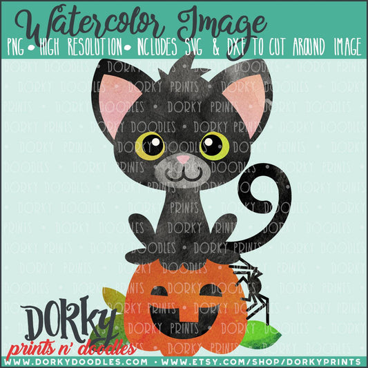 Cat and Pumpkin Watercolor PNG