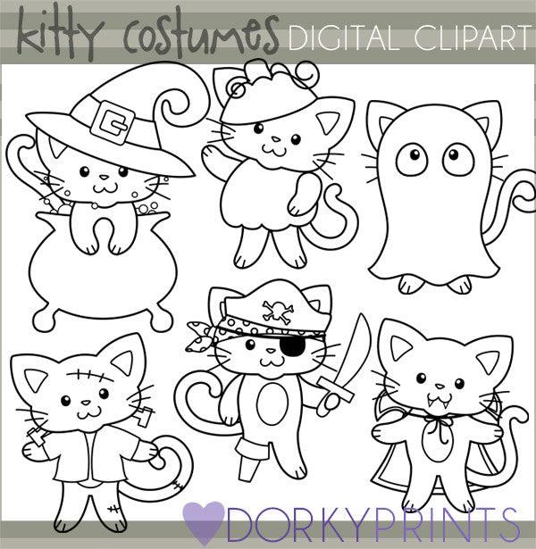 Cats in Costume Black Line Halloween Clipart