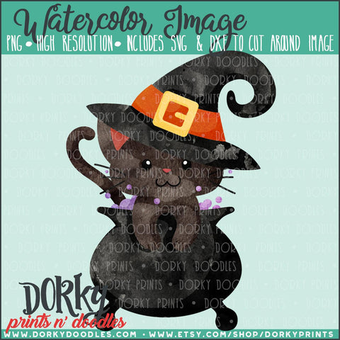 Cauldron Witch Cat Watercolor PNG
