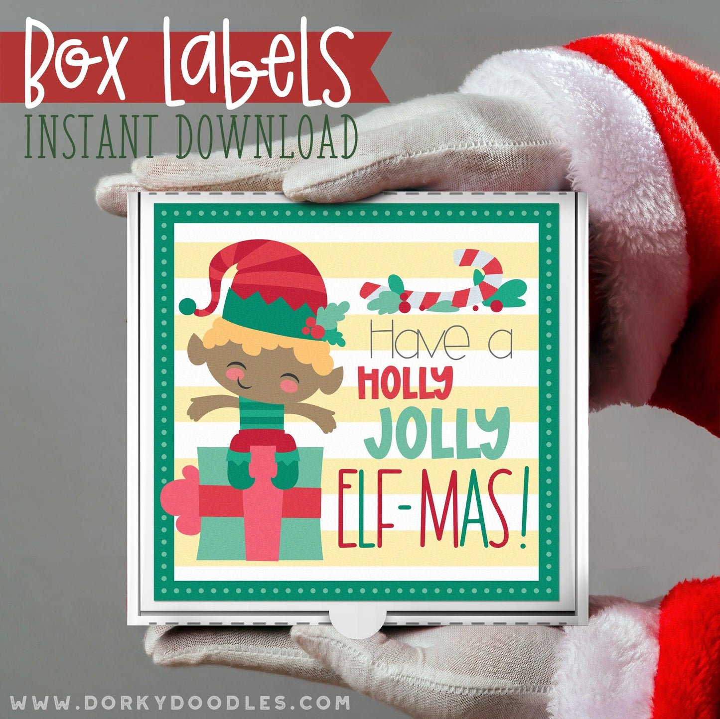 Christmas Elf Labels for Mini Pizza Box and Gifts - Printables - Dorky Doodles