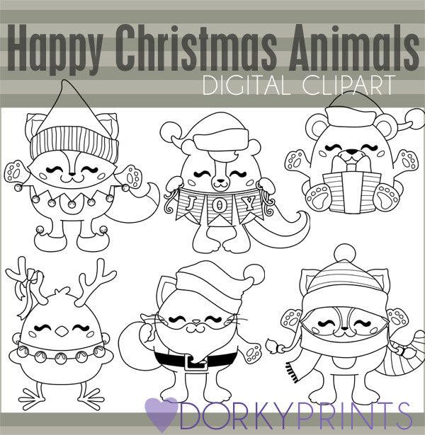 Chubby Animals Black Line Christmas Clipart