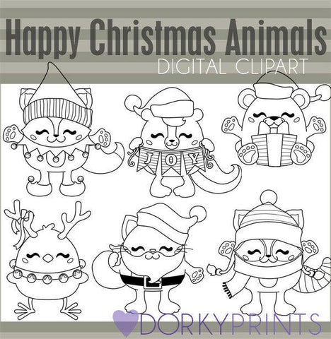 Chubby Animals Black Line Christmas Clipart