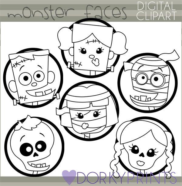 Classic Monster Faces Black Line Halloween Clipart