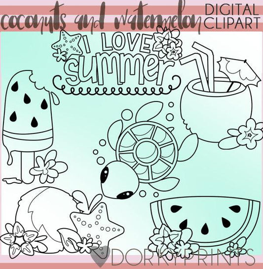 Coconut and Watermelon Blackline Summer Clipart