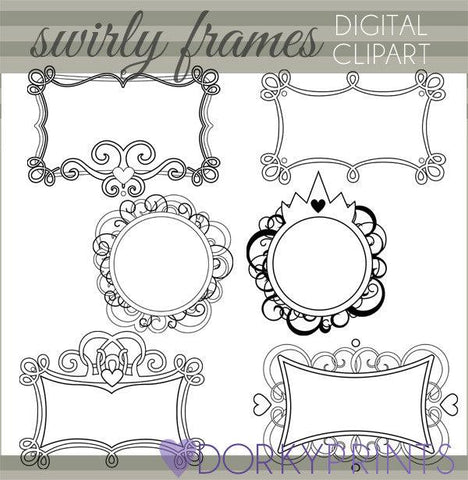 Crowns and Swirls Black Line Clipart Frames