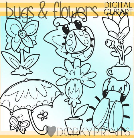 Cute Bugs and Flowers Blackline Summer Clipart