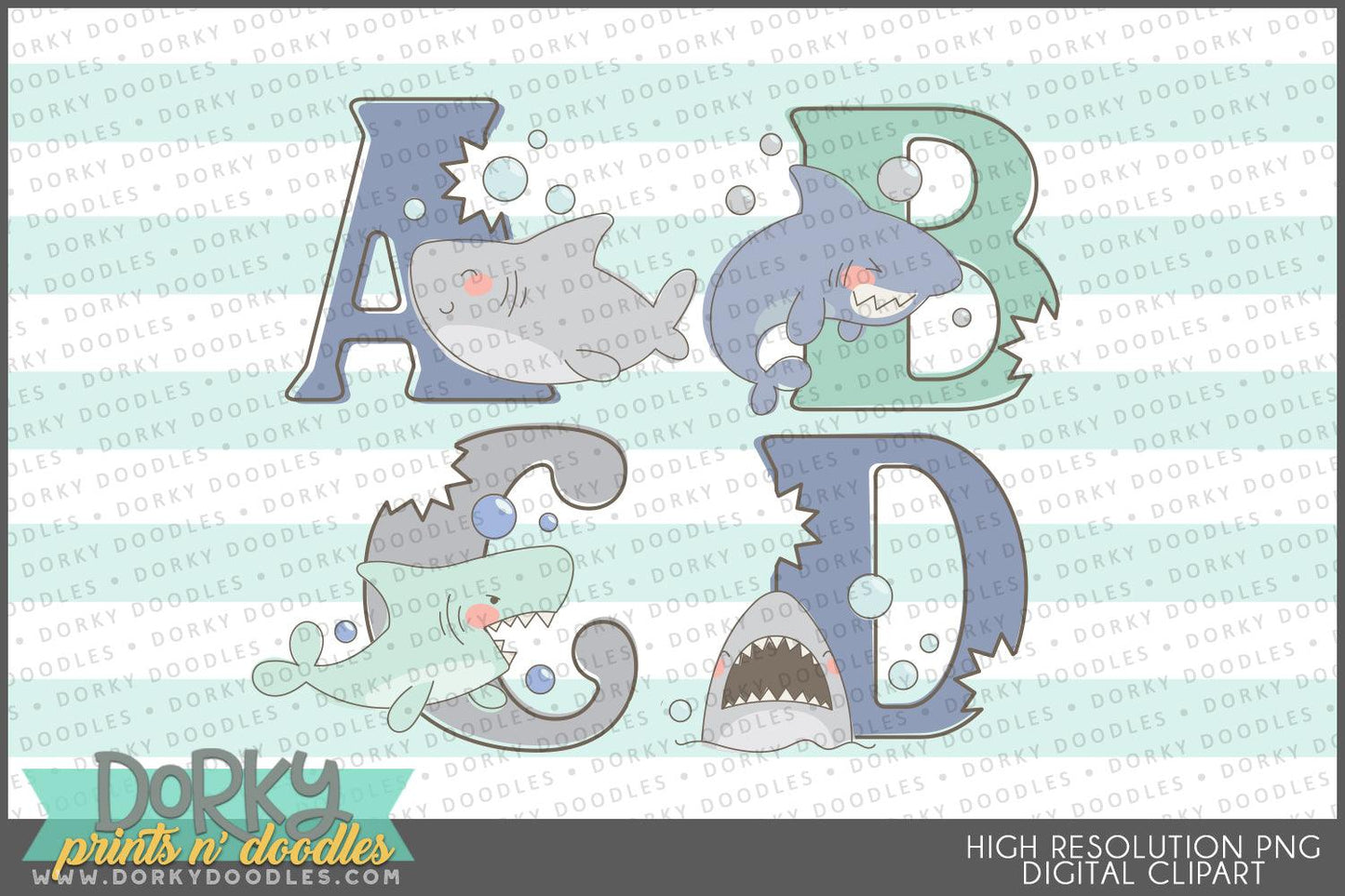 Cute Shark Alphabet Clipart - Dorky Doodles