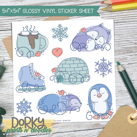 Cute Sketchy Winter Stickers Sheet