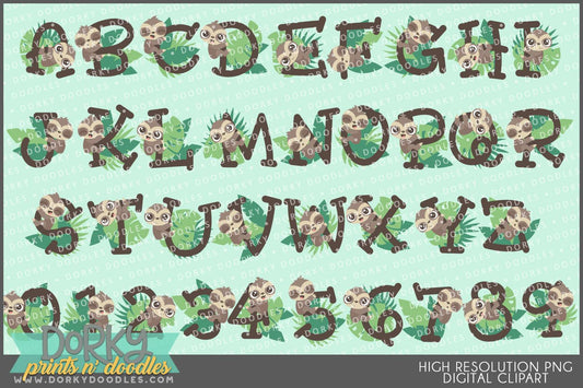 Cute Sloth Alphabet Clipart