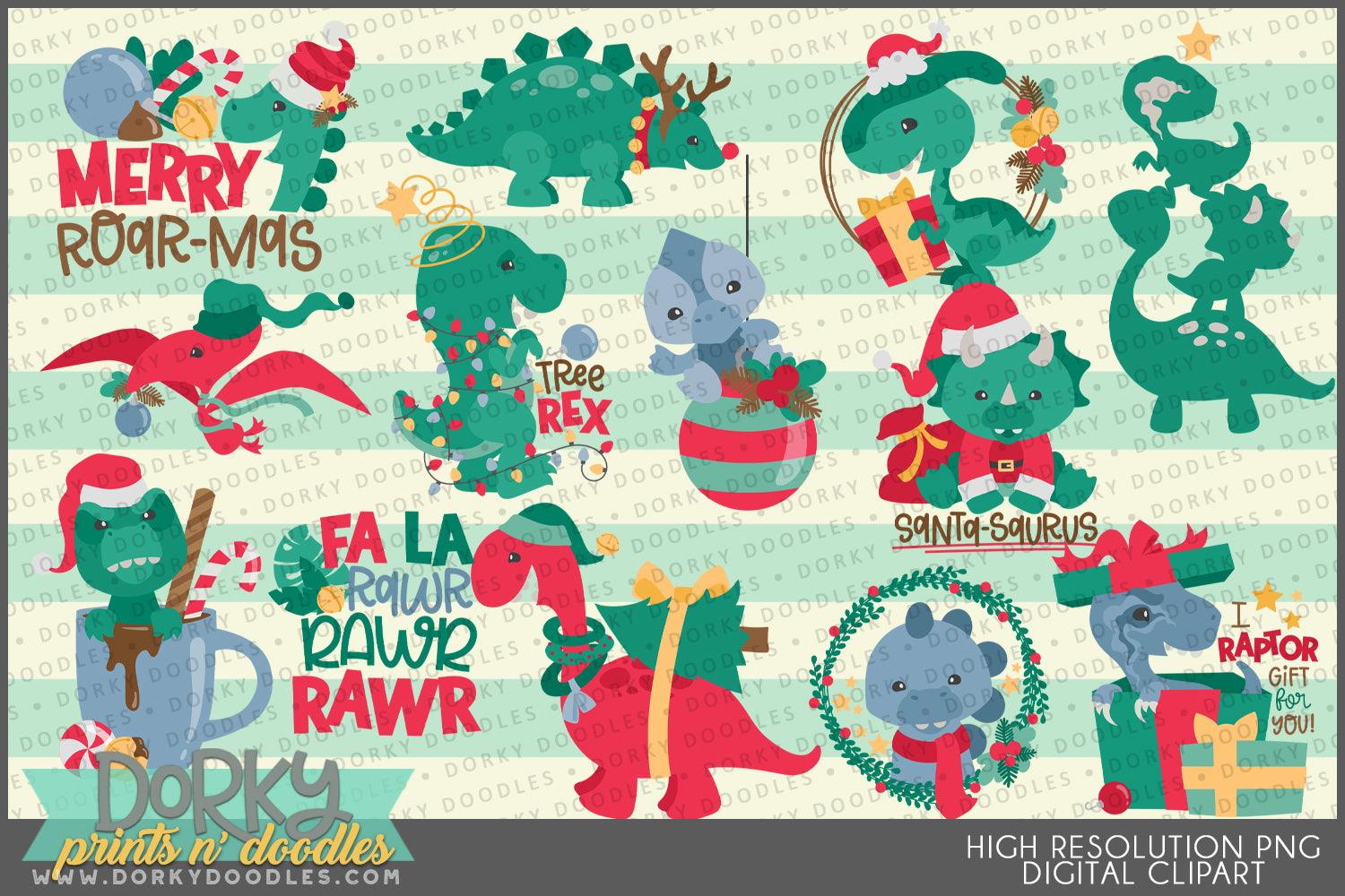 Dinosaur Fun Christmas Clipart - Dorky Doodles