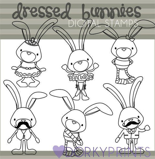 Dressed Bunnies Black Line Spring Clipart