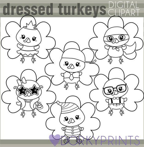Dressed Turkeys Black Line Thanksgiving Clipart