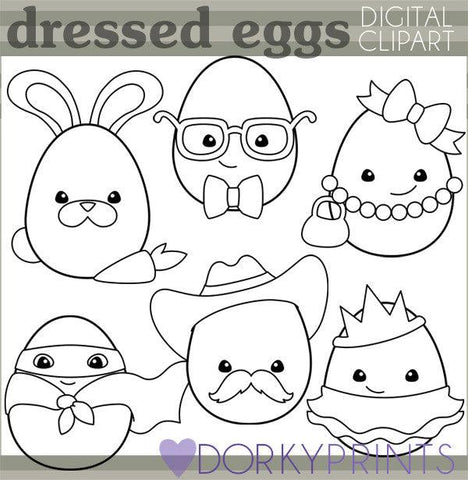 Dressed Up Eggs Black Line Spring Clipart
