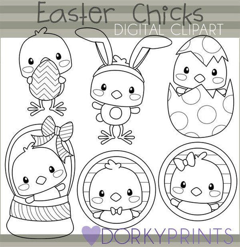Easter Chicks Black Line Spring Clipart