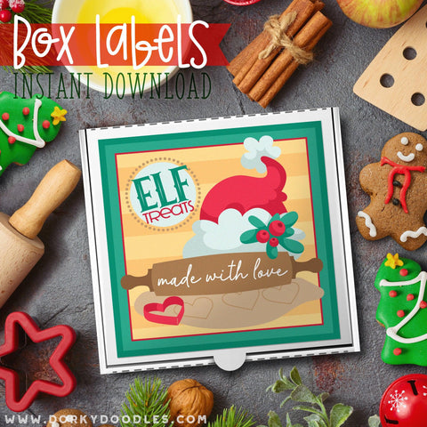 Elf Treats Christmas Labels for Mini Pizza Box and Gifts - Printables - Dorky Doodles