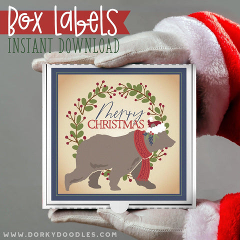 Farmhouse Christmas Bear Labels for Mini Pizza Box and Gifts - Printables - Dorky Doodles