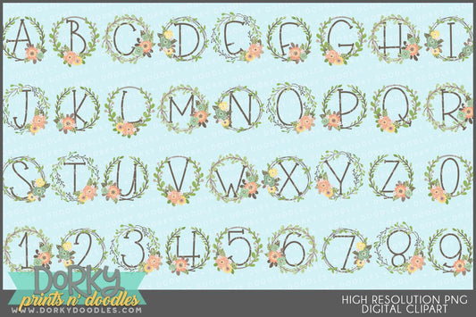 Farmhouse Wreath Alphabet Clipart