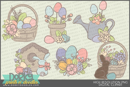 Floral Easter Baskets and Eggs Spring Clipart - Dorky Doodles