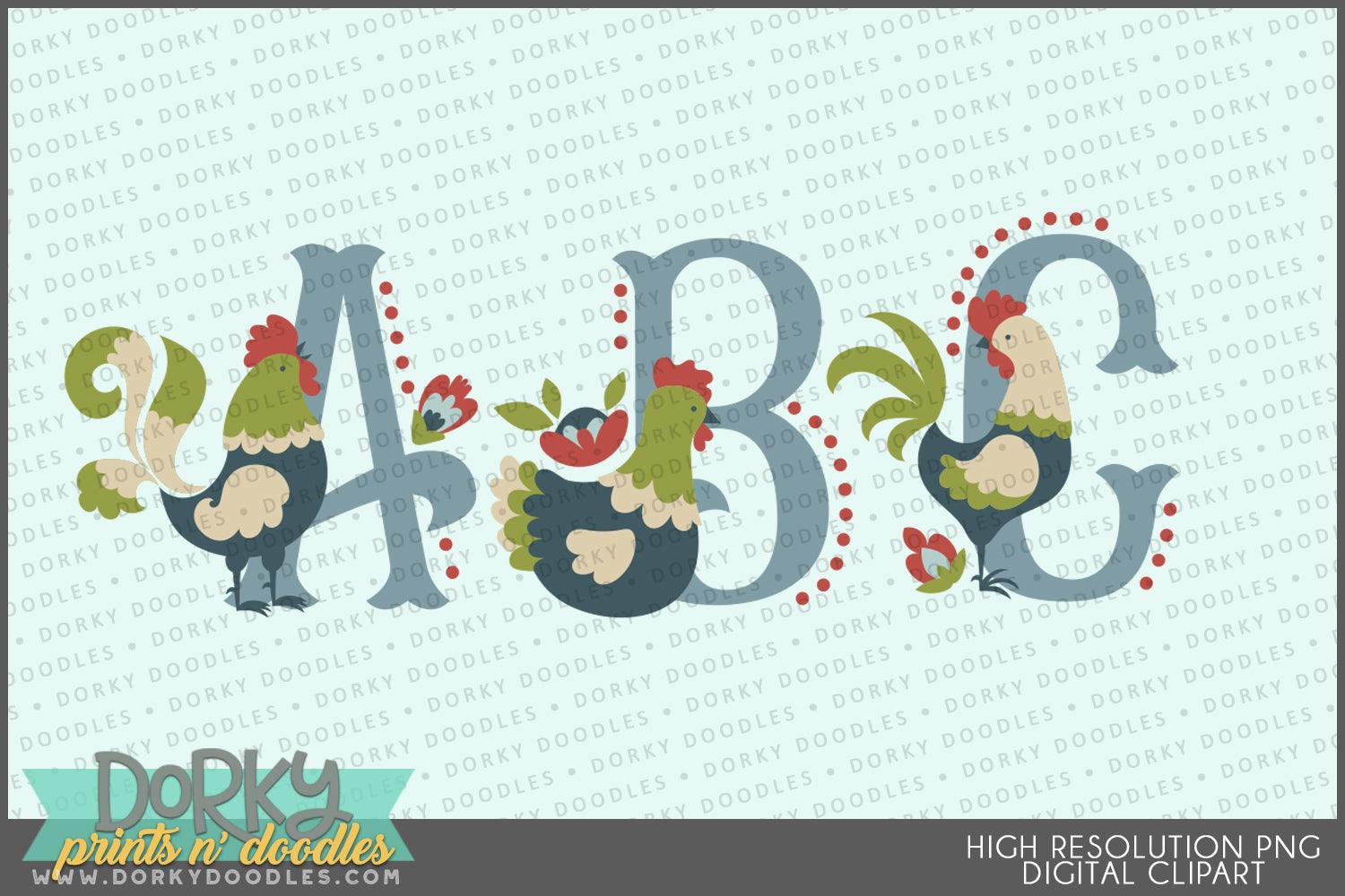 Folkart Chicken Alphabet Clipart - Dorky Doodles