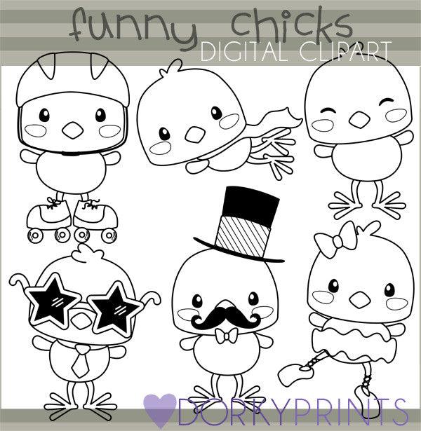 Funny Chicks Black Line Spring Clipart